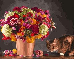 Купить Цифровая живопись, картина без коробки Кот и букет цветов  в Украине