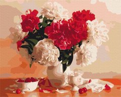 Купить Картина по номерам без коробки Красно-белые пионы и вишни  в Украине