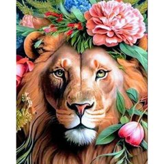 Купити Лев у квітковій короні Діамантова мозаїка На підрамнику 40х50 см  в Україні