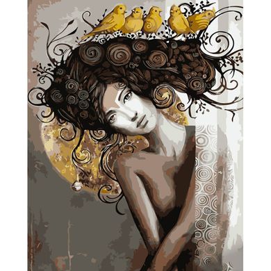 Купить Девушка с птицами Рисование картин по номерам (без коробки) 40х50см с золотыми краскам  в Украине