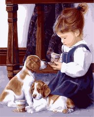 Купить Девочка с щенятами. Роспись картин по номерам  в Украине