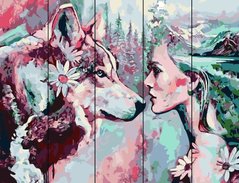 Купити Модульна картина розфарбування для дорослих на дерев'яних дощечках Дівчина і вовк  в Україні