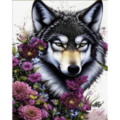 Купити Вовк у квіточках Діамантова мозаїка На підрамнику 30х40 см  в Україні
