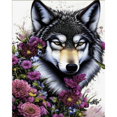 Купити Вовк у квіточках Діамантова мозаїка На підрамнику 30х40 см  в Україні