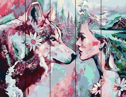 Купити Модульна картина розфарбування для дорослих на дерев'яних дощечках Дівчина і вовк  в Україні