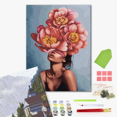 Купить Алмазная мозаика + раскраска на подрамнике Девушка в цветущих пионах  в Украине