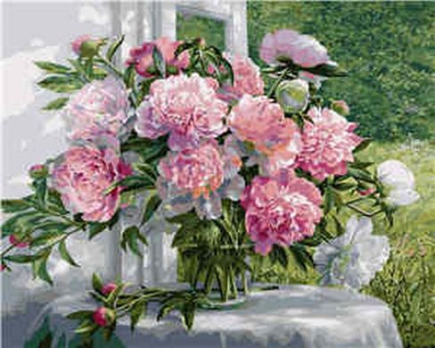 Купити Малювання картин за номерами Букет рожевих піонів біля вікна  в Україні