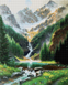 Водопад в горах Алмазная мозаика На Подрамнике, квадратные камни