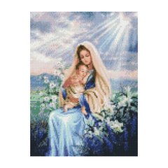 Купити Марія з Ісусом в ліліях Діамантова вишивка на підрамнику круглими камінчиками  в Україні