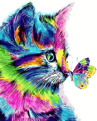 Купить Рисование картин по номерам (без коробки) Цветной кот с бабочкой  в Украине