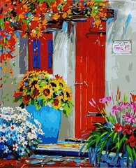 Купити Картина за номерами (без коробки) Квіти біля червоних дверей  в Україні