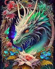 Купити Дракон у квітах Алмазна вишивка Квадратні стрази 40х50 см з голограмними відтінками  в Україні