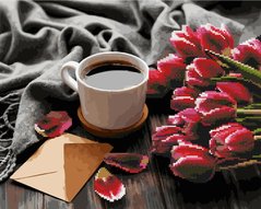 Купить Раскраска по номерам с частичной алмазной мозаикой Тюльпаны к кофе  в Украине
