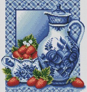 Купить 30671 Гжель и клубника. Алмазная мозаика(квадратные, полная)  в Украине