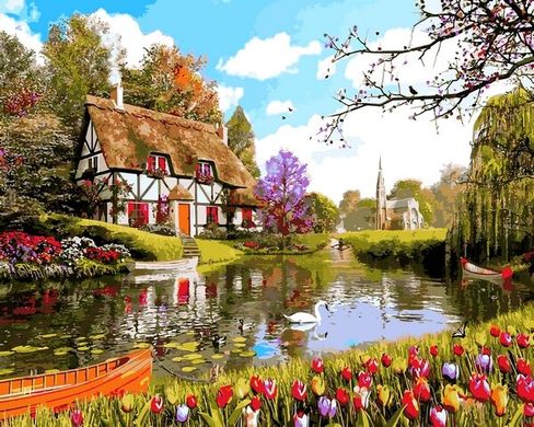 Купити Набір для малювання картини за номерами Будиночок серед тюльпанів  в Україні