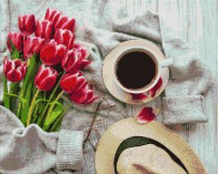 Купити Чашка кави та рожеві тюльпани Алмазна картина на підрамнику 40 х 50 см  в Україні