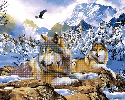 Купити Зимові вовки Розфарбовування + алмазка Картина за номерами з частковою викладкою круглими камінчиками  в Україні