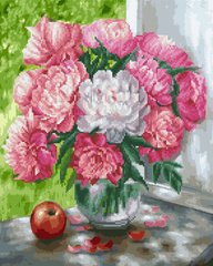 Купить Бело-розовые пионы Раскраска + алмазка Картина по номерам с частичной выкладкой круглыми камнями  в Украине