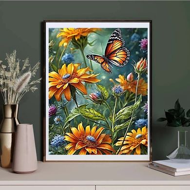 Купити Метелик у квітах Алмазна вишивка Квадратні стрази 40х50 см з голограмними відтінками  в Україні