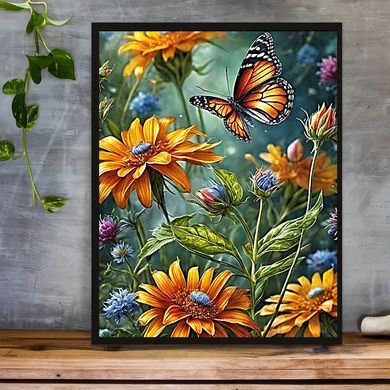 Купити Метелик у квітах Алмазна вишивка Квадратні стрази 40х50 см з голограмними відтінками  в Україні