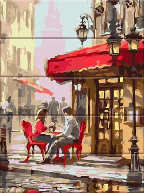 Купити Париж на картині за номерами на дерев'яній основі Вуличне кафе  в Україні
