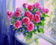 Купити Троянди на вікні Розфарбовування + алмазка Картина за номерами з частковою викладкою круглими камінчиками  в Україні