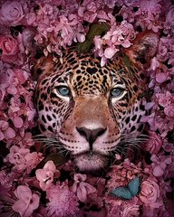 Купити Леопард в квітах Діамантова мозаїка на підрамнику 40х50 см  в Україні