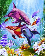 Купить Яркие дельфины Раскраска + алмазка Картина по номерам с частичной выкладкой круглыми камнями  в Украине