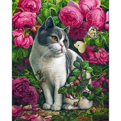 Купити Троянди і кіт Діамантова мозаїка На підрамнику 40х50 см  в Україні