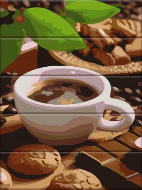Купити Сюжет на кухню на картині за номерами на дерев'яній основі Солодощі до кави  в Україні