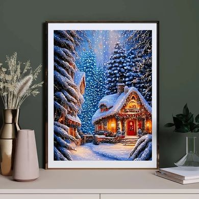 Купити Будиночок в зимовому лісі Алмазна вишивка Квадратні стрази 40х50 см  в Україні