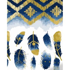 Купити Синьо-золоті пір'їни Малювання картин за номерами (без коробки) 40х50см з золотими фарбами  в Україні